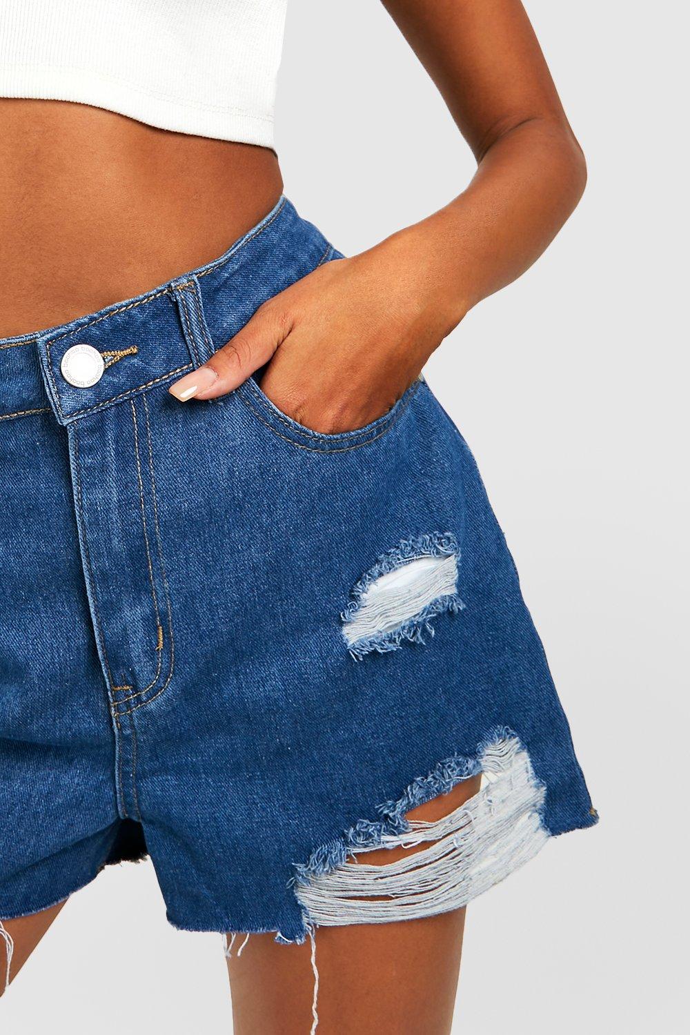 High Waisted Laddered Denim Shorts boohoo